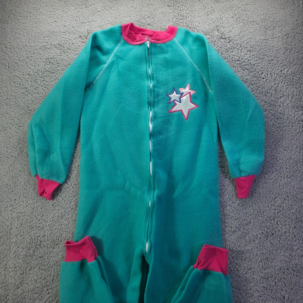 Heart Warmers Vintage Girls Fleece Sleeper Teal Pink Stars Size 10 Made in USA